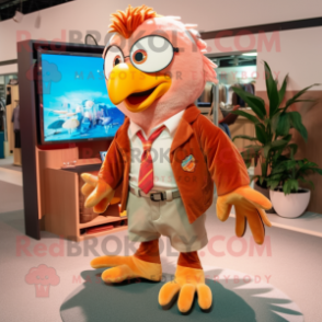 Peach Hawk mascot costume character dressed with a Corduroy Pants and Ties