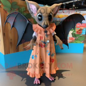 Rust Fruit Bat mascot costume character dressed with a Maxi Dress and Shoe clips