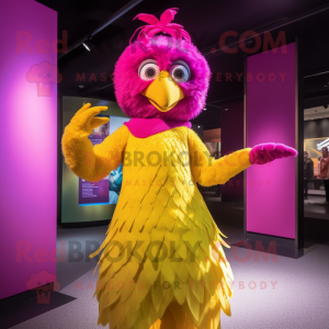 Magenta Canary mascot costume character dressed with a Evening Gown and Mittens