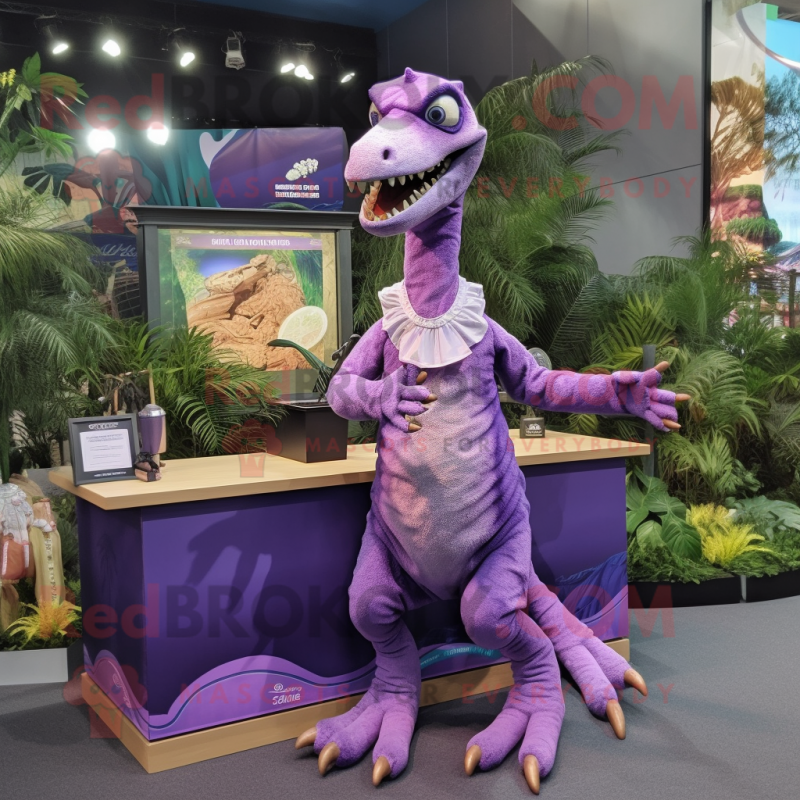 Purple Velociraptor mascot costume character dressed with a Maxi Skirt and Keychains