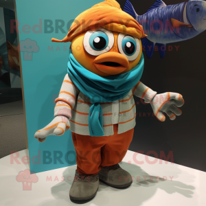 Teal Clown Fish mascot costume character dressed with a Corduroy Pants and Scarves