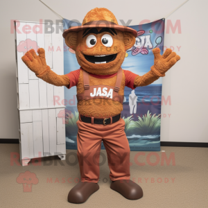 Rust Jambalaya mascot costume character dressed with a Rash Guard and Suspenders