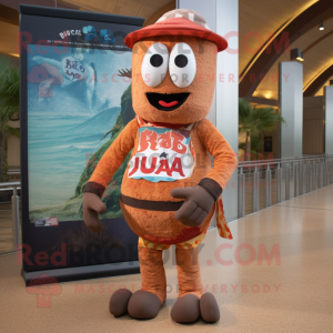 Rust Jambalaya mascot costume character dressed with a Rash Guard and Suspenders