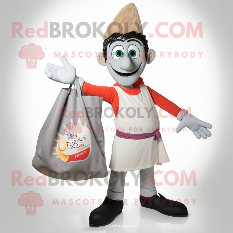 Gray Tikka Masala mascot costume character dressed with a Capri Pants and Tote bags