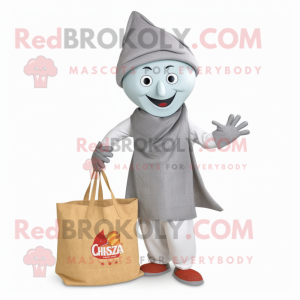 Gray Tikka Masala mascot costume character dressed with a Capri Pants and Tote bags