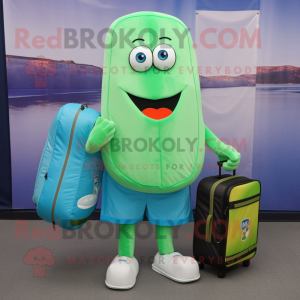 Cyan Cucumber mascot costume character dressed with a Polo Shirt and Wallets