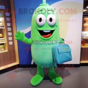 Cyan Cucumber mascot costume character dressed with a Polo Shirt and Wallets