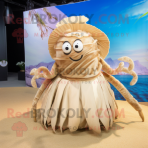 Beige Hermit Crab mascot costume character dressed with a Skirt and Hairpins