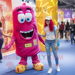 Magenta French Fries mascot costume character dressed with a Denim Shirt and Anklets