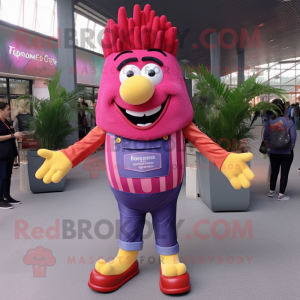 Magenta French Fries mascot costume character dressed with a Denim Shirt and Anklets