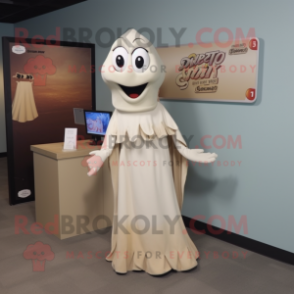 Tan Ghost mascot costume character dressed with a A-Line Skirt and Lapel pins