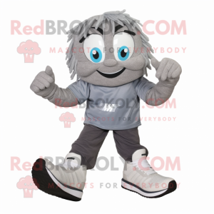 Gray Momentum mascot costume character dressed with a T-Shirt and Shoe laces