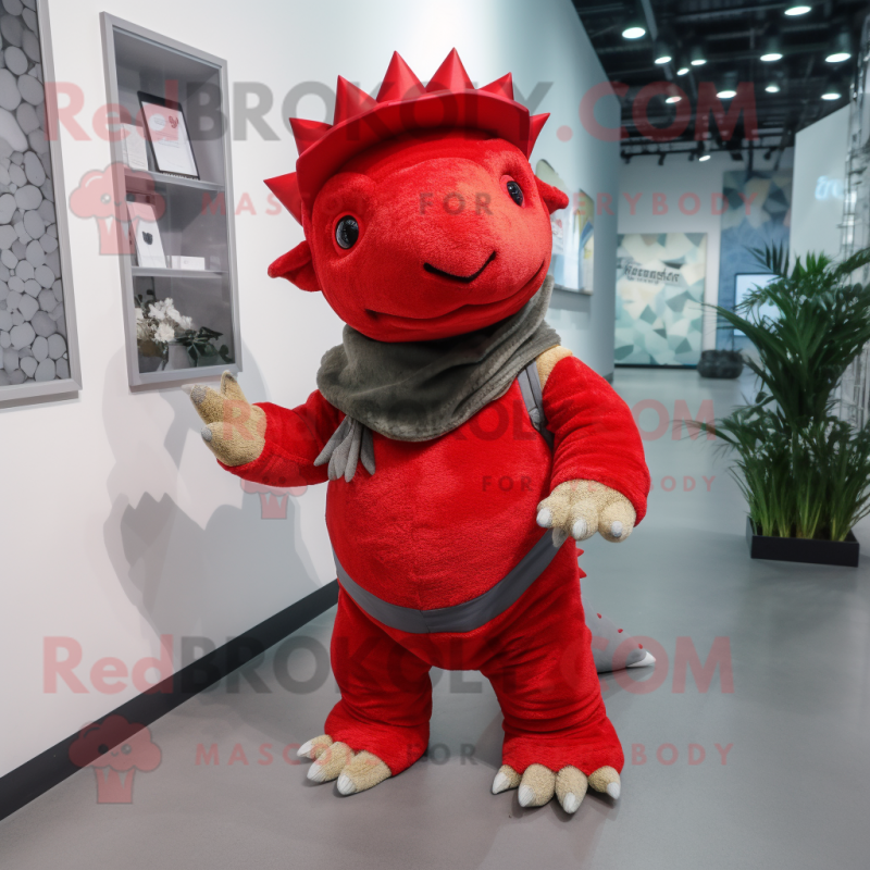 Red Ankylosaurus mascot costume character dressed with a Romper and Beanies