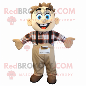 Beige Moussaka mascot costume character dressed with a Flannel Shirt and Suspenders