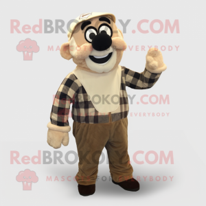 Beige Moussaka mascot costume character dressed with a Flannel Shirt and Suspenders