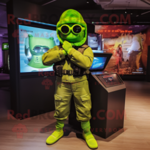 Lime Green Green Beret mascot costume character dressed with a Bodysuit and Digital watches