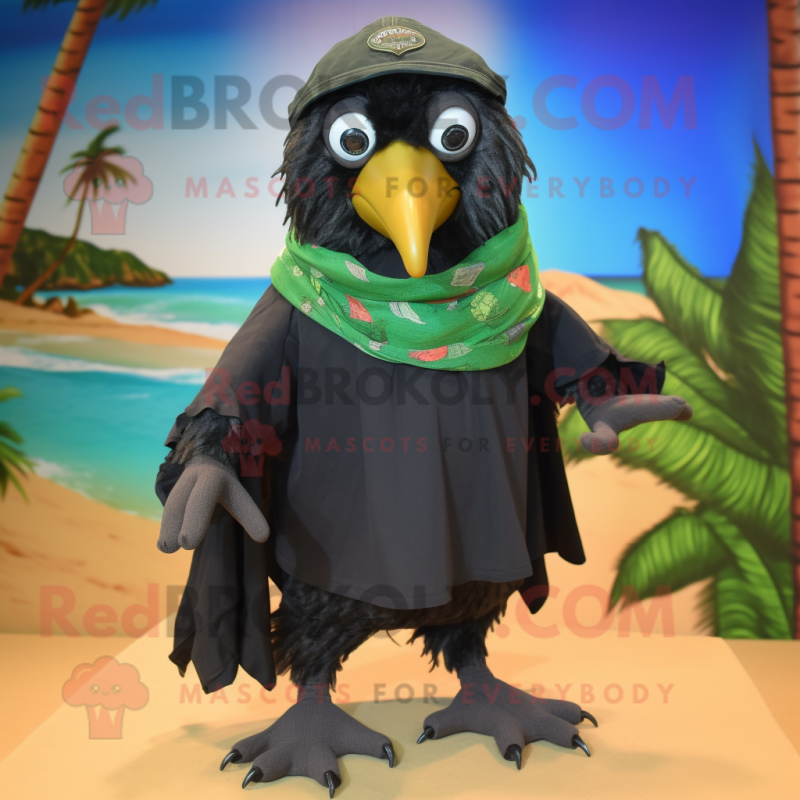 Olive Blackbird mascot costume character dressed with a Bermuda Shorts and Scarves