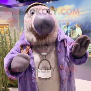 Lavender Walrus mascot costume character dressed with a Parka and Necklaces