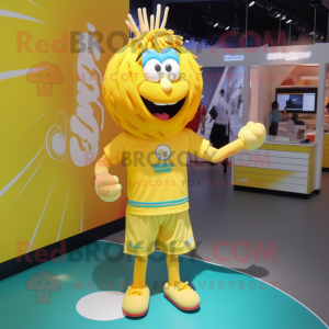 Lemon Yellow Spaghetti mascot costume character dressed with a Rugby Shirt and Bracelet watches