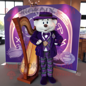 Purple Celtic Harp mascot costume character dressed with a Suit Jacket and Bow ties