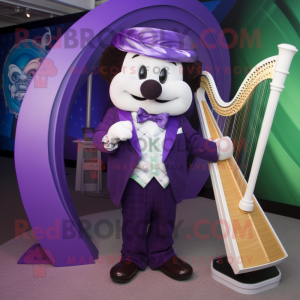 Purple Celtic Harp mascot costume character dressed with a Suit Jacket and Bow ties