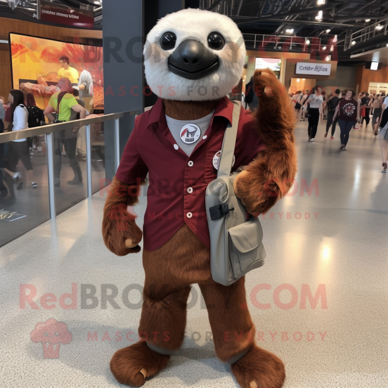 Maroon Sloth mascot costume character dressed with a Button-Up Shirt and Handbags