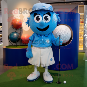 Blue Golf Ball mascot costume character dressed with a Oxford Shirt and Hairpins