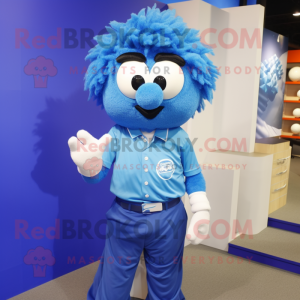 Blue Golf Ball mascot costume character dressed with a Oxford Shirt and Hairpins