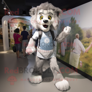 Silver Tamer Lion mascot costume character dressed with a Shift Dress and Backpacks