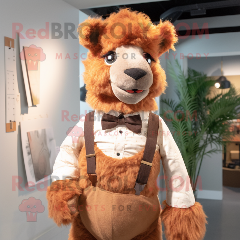 Rust Alpaca mascot costume character dressed with a Overalls and Bow ties