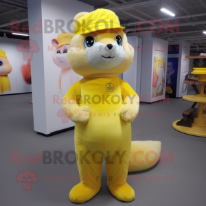 Lemon Yellow Ferret mascot costume character dressed with a Bodysuit and Hats