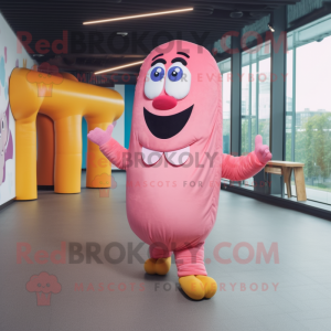 Pink Hot Dog mascot costume character dressed with a Vest and Shoe laces