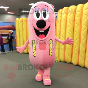 Pink Hot Dog mascot costume character dressed with a Vest and Shoe laces