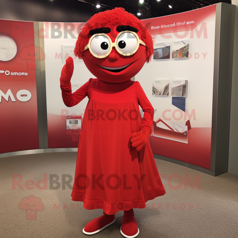 Red Momentum mascot costume character dressed with a A-Line Dress and Reading glasses