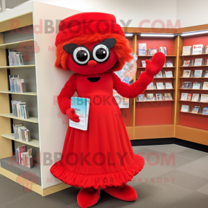 Red Momentum mascot costume character dressed with a A-Line Dress and Reading glasses