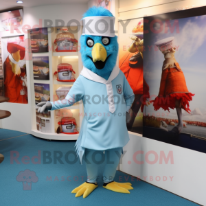 Sky Blue Tandoori Chicken mascot costume character dressed with a Capri Pants and Hat pins