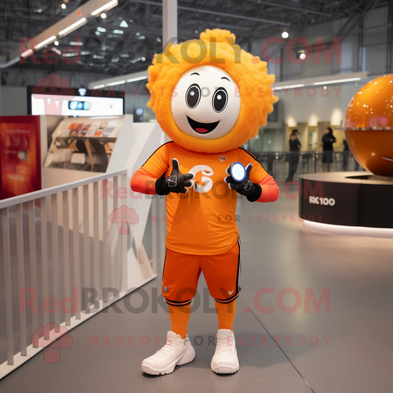 Orange Soccer Ball mascot costume character dressed with a Joggers and Smartwatches
