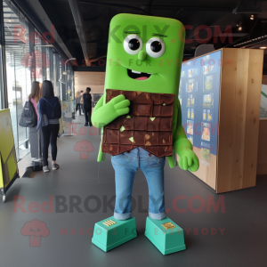 Green Chocolate Bars mascot costume character dressed with a Denim Shirt and Anklets