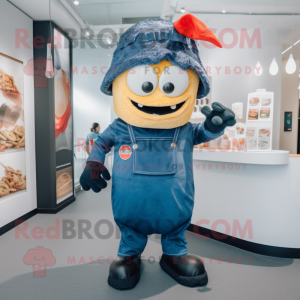 Navy Fried Rice mascot costume character dressed with a Dungarees and Beanies