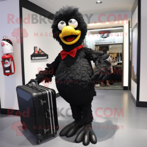 Black Fried Chicken mascot costume character dressed with a Jeans and Briefcases