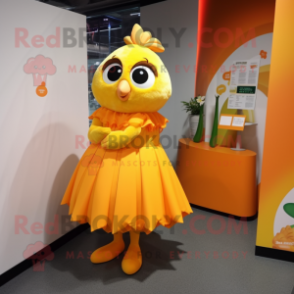 Orange Canary mascot costume character dressed with a Wrap Dress and Hair clips