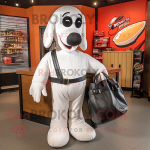 White Hot Dog mascot costume character dressed with a Leather Jacket and Tote bags