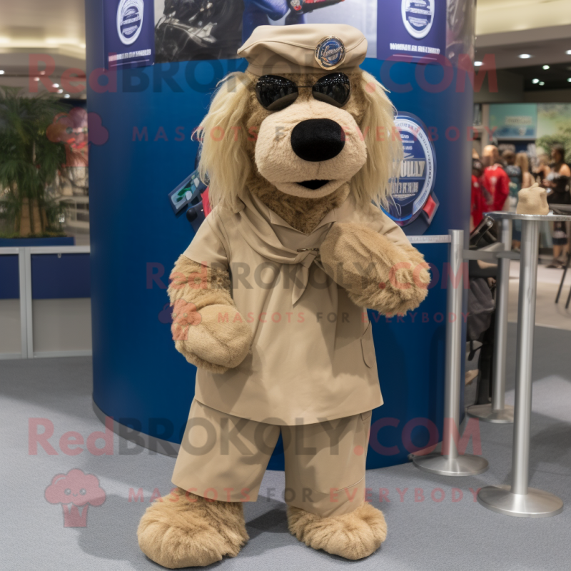 Tan Navy Seal mascot costume character dressed with a Shift Dress and Scarf clips