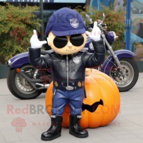 Navy Pumpkin mascot costume character dressed with a Biker Jacket and Necklaces