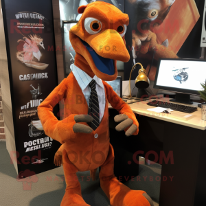 Rust Utahraptor mascot costume character dressed with a Culottes and Tie pins