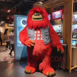 Red Yeti mascot costume character dressed with a Denim Shorts and Coin purses