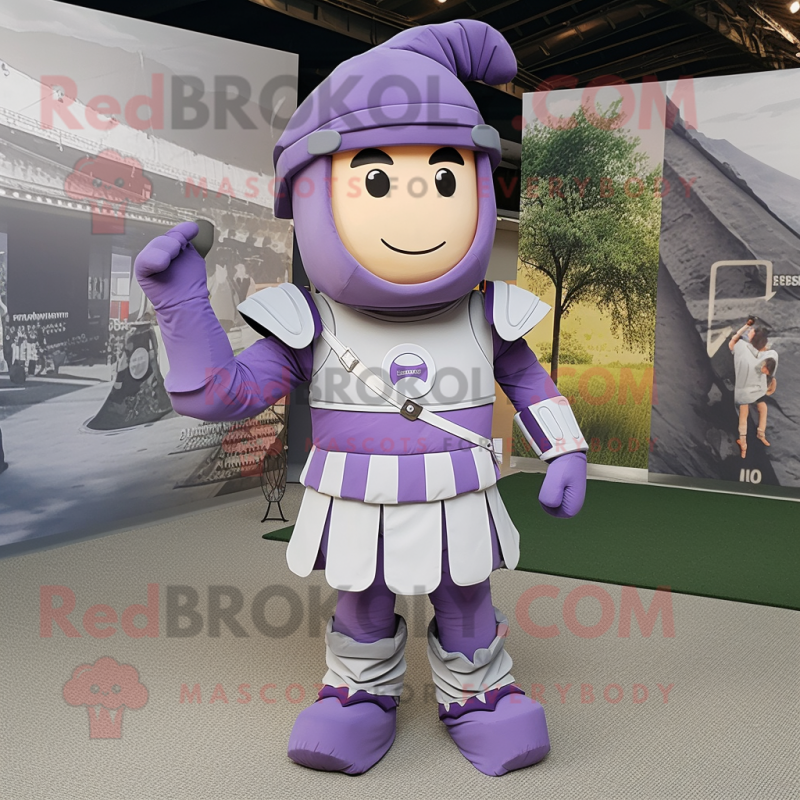 Lavender Roman Soldier mascot costume character dressed with a Culottes and Bow ties
