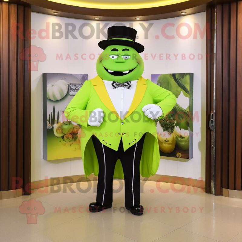 Lime Green Steak mascot costume character dressed with a Tuxedo and Belts