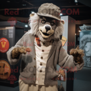 Tan Werewolf mascot costume character dressed with a Cardigan and Hat pins