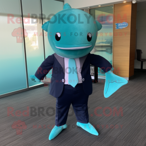 Teal Whale maskot kostume...